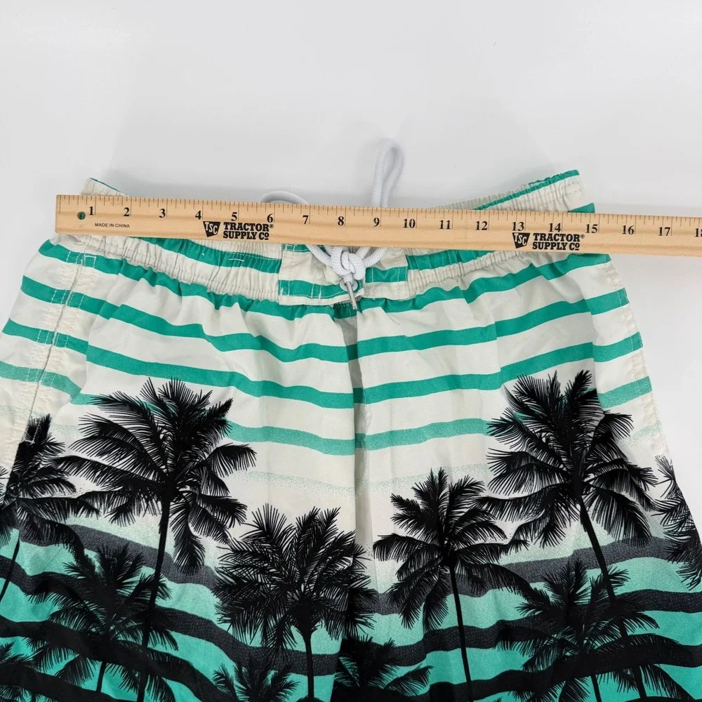 Kailua Surf Mens XXL Teal Palm Tree Striped Swim Trunks Board Shorts Mesh Lining